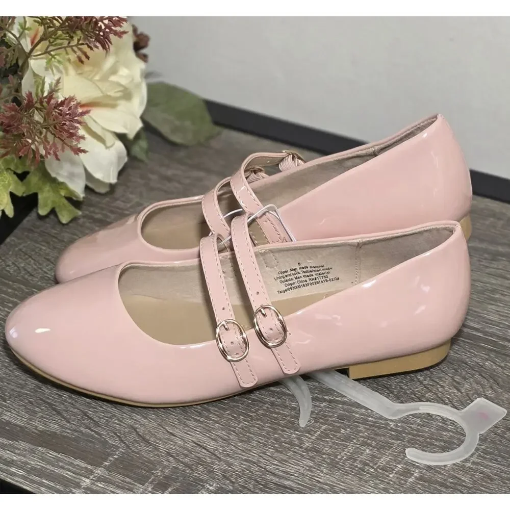 Cat&Jack BigGirls Amelia Mary Jane Flats Double Buckle, Pink, Dress Shoes Size 5